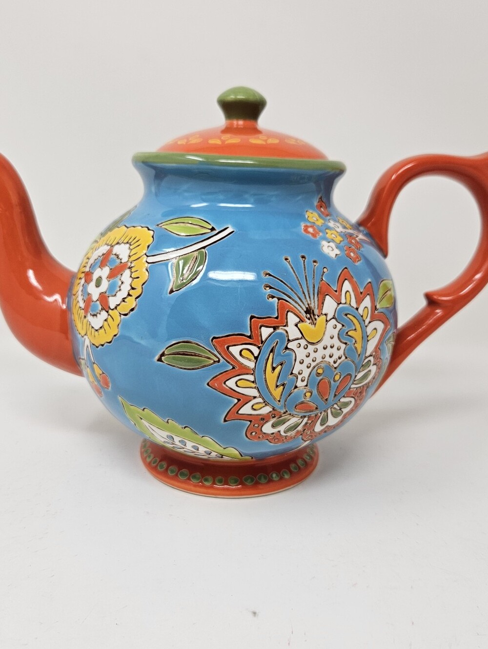 Dutch Wax by Coastline Imports Hand Painted Embossed Floral Ceramic Teapot 7”